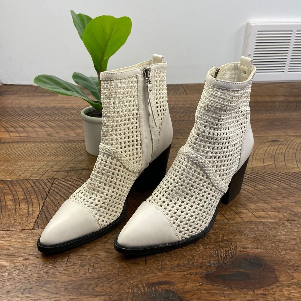 SAM EDELMAN 7 Womens Elita White Woven Leather Heeled Almond Toe Ankle Bootie - Picture 2 of 8